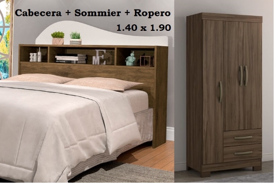 Imagen de Combo Cabecera + Mesitas + Sommier 1.40 x 1.90 120k cada lado + Ropero